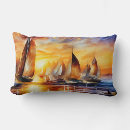 Cojín Lumbar Los barcos de vela corren un sol rojo azul abstrac