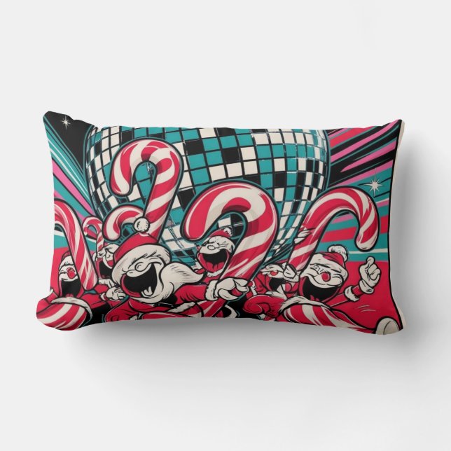 Cojín Lumbar Los elfos de Santa Candy Canes bailan bajo disco (Anverso)