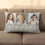Cojín Lumbar Los nietos hacen de la vida un gran Collage de fot<br><div class="desc">Este lumbar diseño de almohadas es un regalo para los abuelos, y cuenta con una plantilla de 3 fotos para personalizar con fotos de los nietos. Una combinación de escritura manuscrita moderna combinada con una moderna letra sans serif con la frase "¡los nietos hacen la vida grandiosa!" El fondo es...</div>