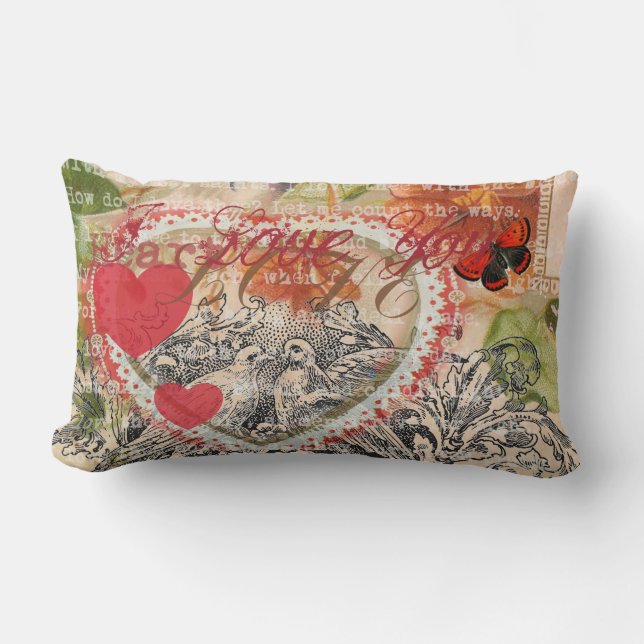 Cojín Lumbar Love Birds Heart Red Art Collage (Anverso)