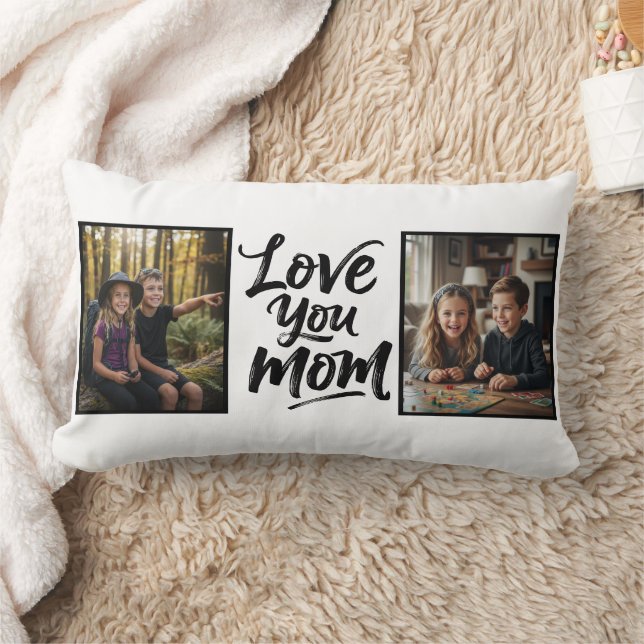Cojín Lumbar Love You Mom Two Photo Brush Script Keepsake  (Manta)