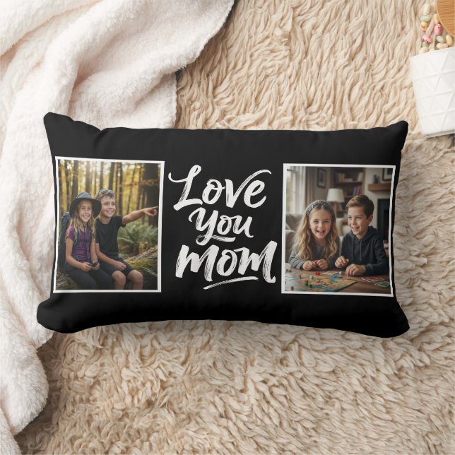 Cojín Lumbar Love You Mom Two Photo Brush Script Keepsake black (Manta)
