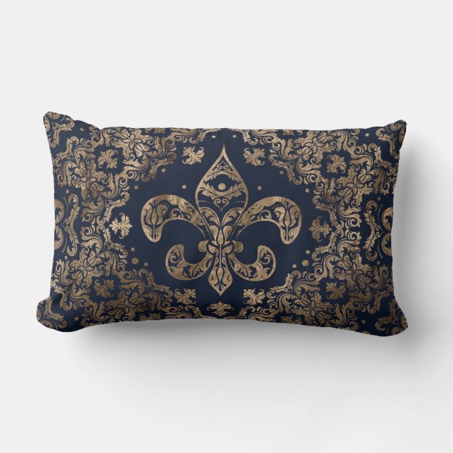 Cojín Lumbar Lujo Fleur-de-lis Ornament - dorado y azul oscuro (Anverso)