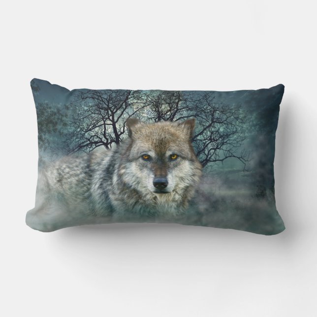 Cojín Lumbar Luna Llena del lobo en niebla (Anverso)