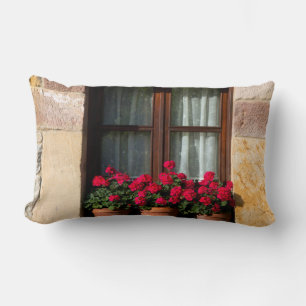Cojín Lumbar Macetas de flores en la ventana en el pueblo