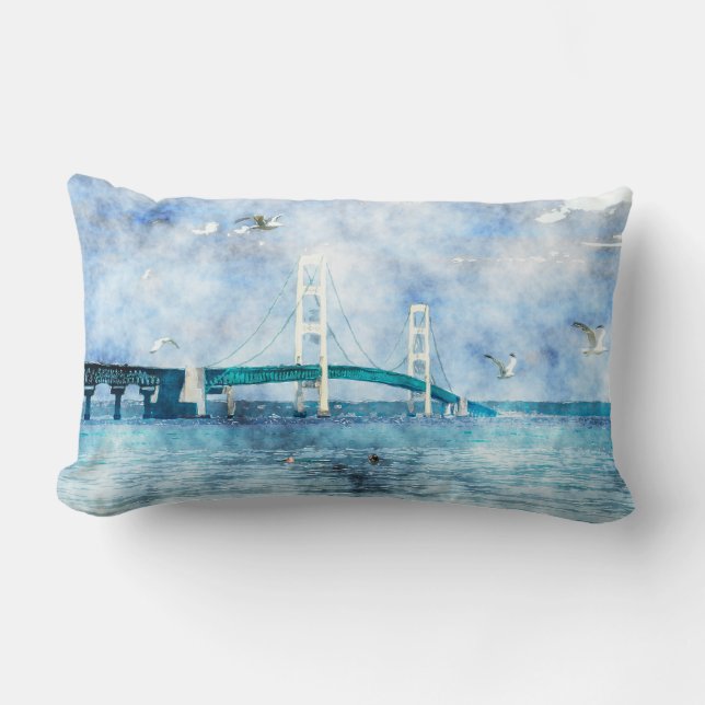 Cojín Lumbar Mackinac Bridge Scenic Watercolor Art (Anverso)