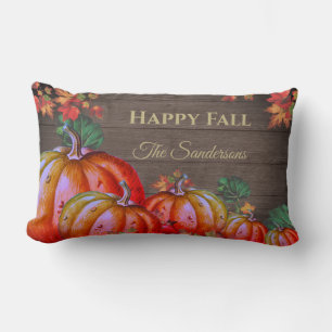Cojín Lumbar Madera de hojas de otoño de calabaza naranja feliz