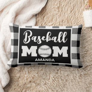 Cojín Lumbar Madre de béisbol personalizada Nombre Black Gingha