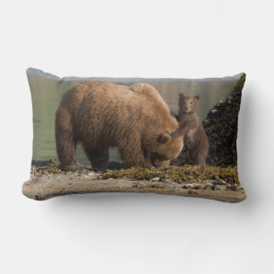 Cojín Lumbar Madre de oso grizzly con cría en una playa