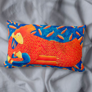 Cojín Lumbar Madre e hijo con pintura de arte moderno de peces 