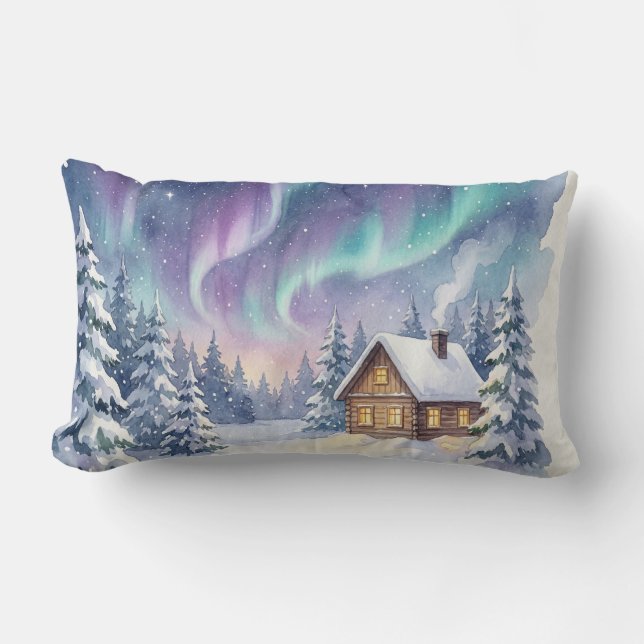 Cojín Lumbar Magical Winter Wonderland - Snowy Forest Cabin wit (Anverso)