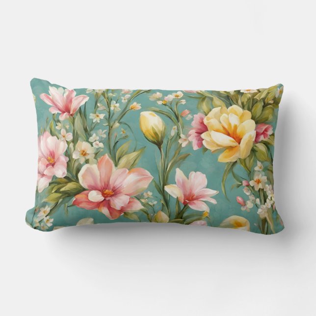 Cojín Lumbar Magnolia rosa y amarilla exquisita con flores blan (Anverso)