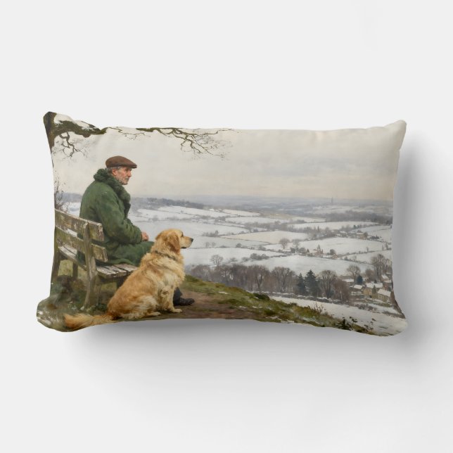 Cojín Lumbar Man and Dog Enjoying Winter Countryside Vista (Anverso)