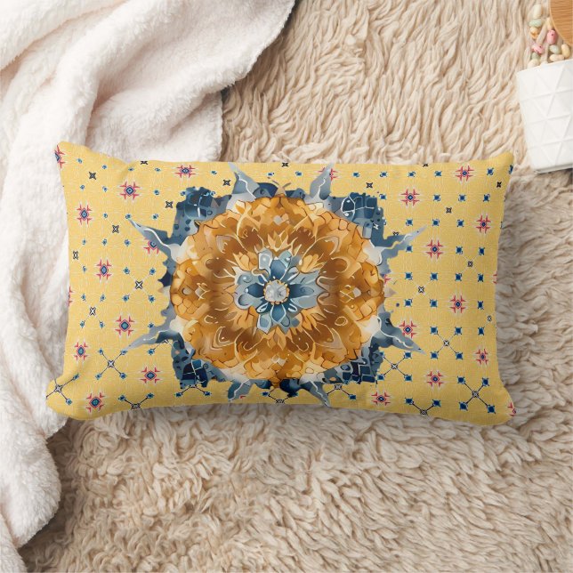 Cojín Lumbar Mandala con flores azules, amarillo (Manta)