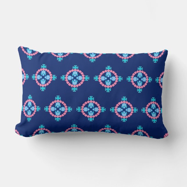 Cojín Lumbar Mandala de cuatro puntos, azul índigo, turquesa y  (Anverso)