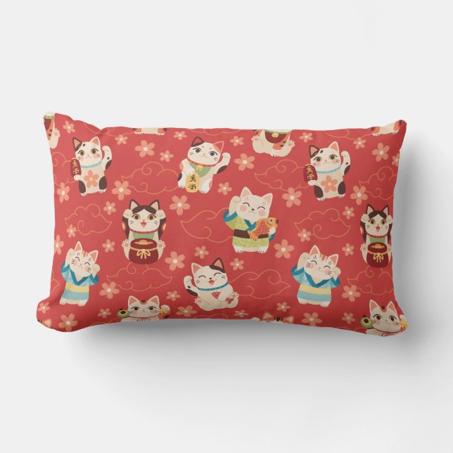 Cojín Lumbar Maneki Neko Lucky Cats Throw Pillow (Anverso)