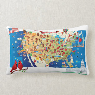 Cojín Lumbar Mapa del dibujo animado de los E.E.U.U.