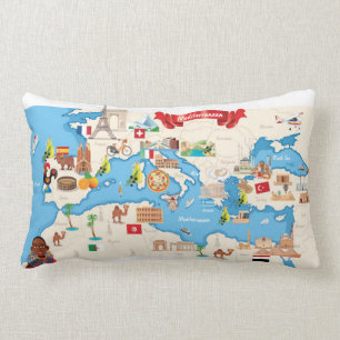 Cojín Lumbar Mapa del dibujo animado del mediterráneo