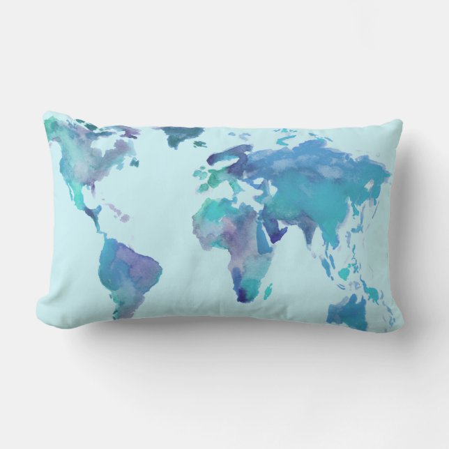 Cojín Lumbar Mapa del mundo del azul de la acuarela (Anverso)