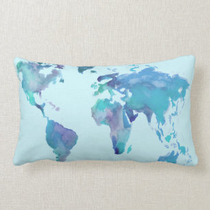 Cojín Lumbar Mapa del mundo del azul de la acuarela