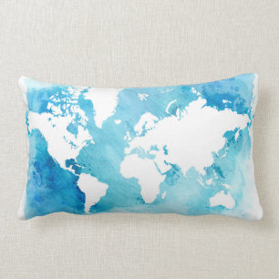 Cojín Lumbar Mapa del mundo en azules de la acuarela