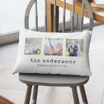 Cojín Lumbar Máquina de Escribir Tipo Nombre de Familia Colage<br><div class="desc">Almohada con 3 fotos cuadradas dispuestas una al lado de la otra en el frente y en la parte posterior, lo que hace un total de 6 fotos que puedes reemplazar con tus propias fotos sobre un fondo blanco. También puedes agregar el nombre de tu familia en una fuente de...</div>