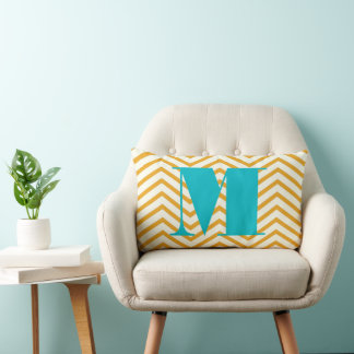 Cojín Lumbar Marfil amarillo mostaza y Aqua Monograma Zig Zag