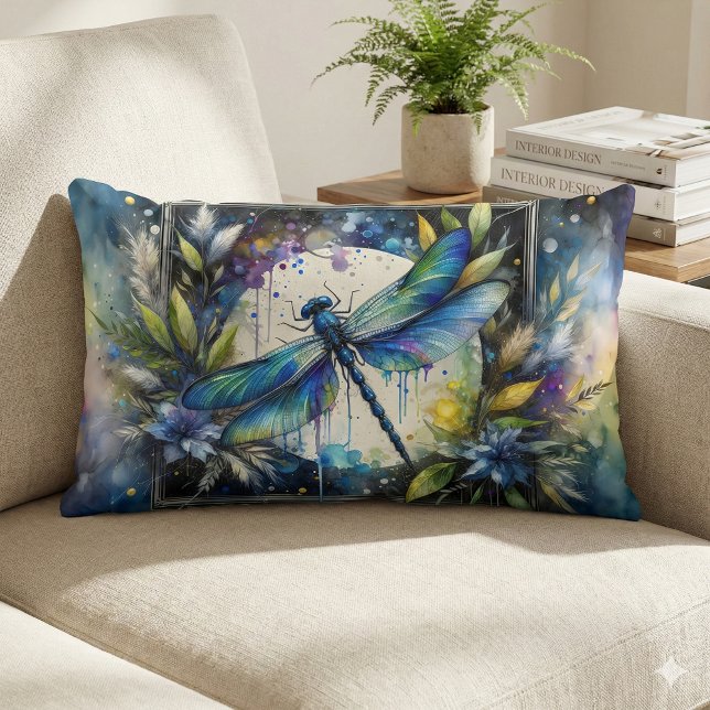 Cojín Lumbar Mariposa Azul Acuarela Botánica (Blue Dragonfly Watercolor Botanical Lumbar Pillow Mockup A)