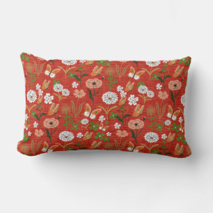 Cojín Lumbar Mariposa floral de bambú rudo Shamrock en rojo