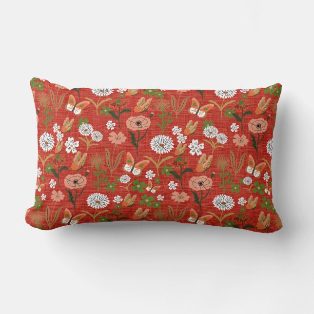 Cojín Lumbar Mariposa floral de bambú rudo Shamrock en rojo (Anverso)