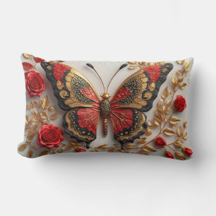 Cojín Lumbar Mariposa Roja y Dorada Ornamentada con Rosas