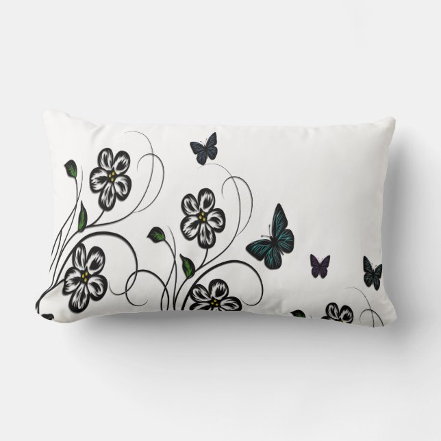 Cojín Lumbar Mariposas coloridas sobre flores blancas (Anverso)