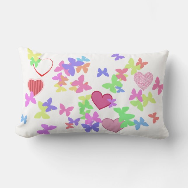 Cojín Lumbar mariposas coloridas y corazones amorosos (Anverso)
