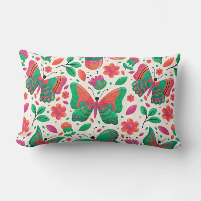 Cojín Lumbar Mariposas, Flores y Hojas (Anverso)