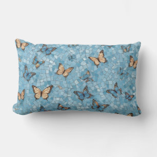 Cojín Lumbar Mariposas Mosaico Fondo Azul Claro