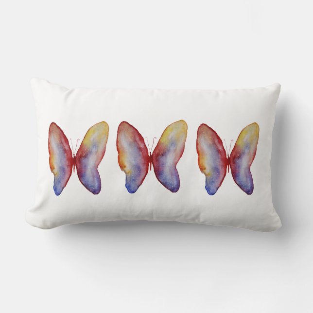 Cojín Lumbar Mariposas Rojas Azules Acuarela Lumbar Pillow (Anverso)