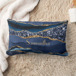 Cojín Lumbar Mármol de ágata azul oro Glitter Monograma Glam Bl