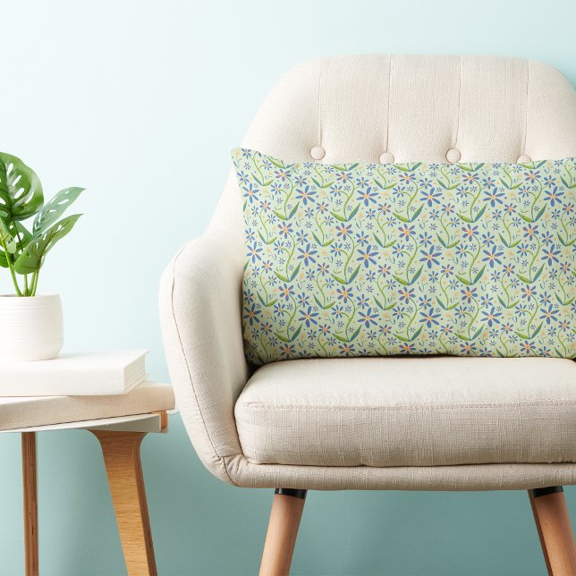 Cojín Lumbar Meadow | Dancing Watercolor Daisies (Light and joyful dancing daisies floral pattern on a fresh mint green background. )