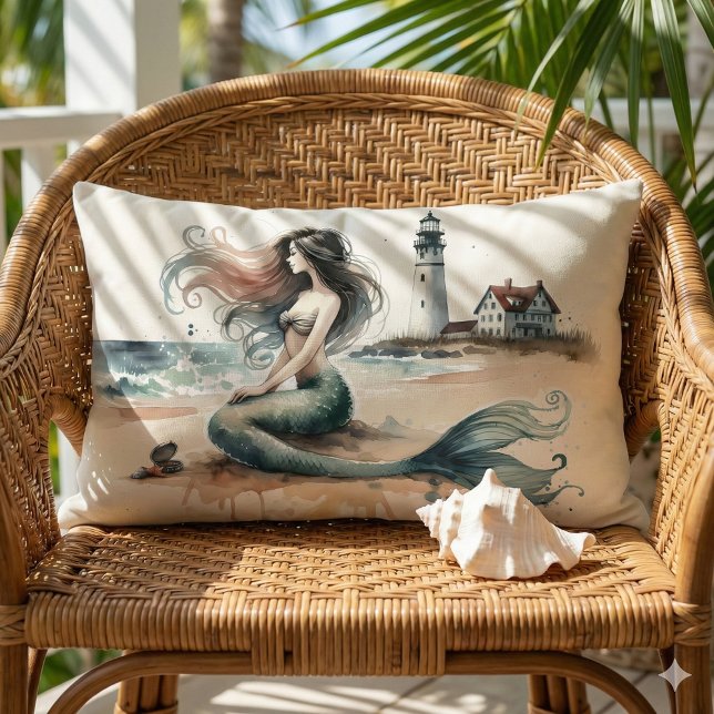 Cojín Lumbar Mermaid Lighthouse Coastal Watercolor Scene (Mermaid Lighthouse Coastal Watercolor Scene Lumbar Pillow Mockup A)