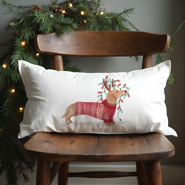 Cojín Lumbar Merry y Bright | Dachshund Dog Navidades Sweater (Merry & Bright | Dachshund Dog Christmas Sweater Lumbar Pillow)