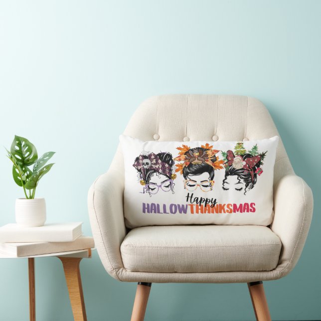 Cojín Lumbar Messy bun mama Feliz Hallowthanksmas (Silla)