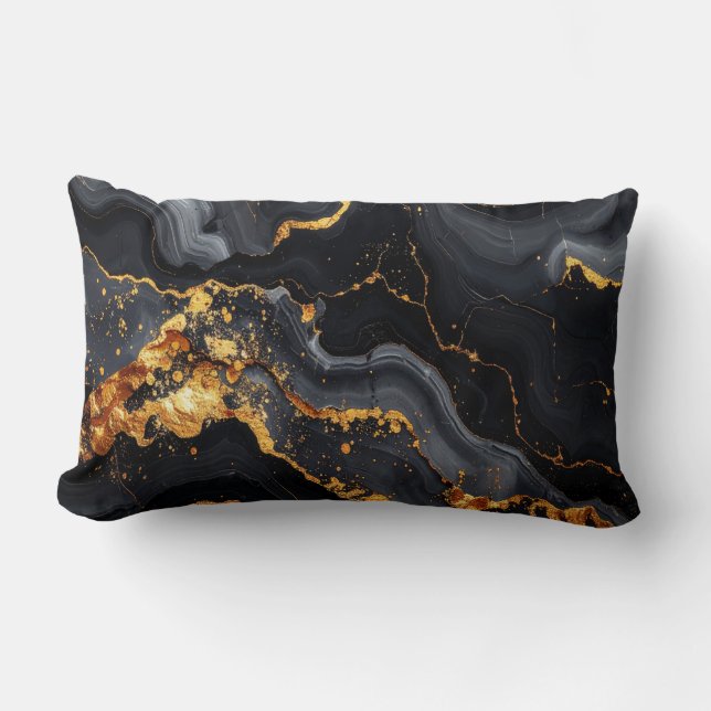 Cojín Lumbar Midnight Onyx & Gold Leaf Abstract Pillow (Anverso)