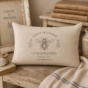 Cojín Lumbar Miel Cálido Beige Grabado Francés País Vintage