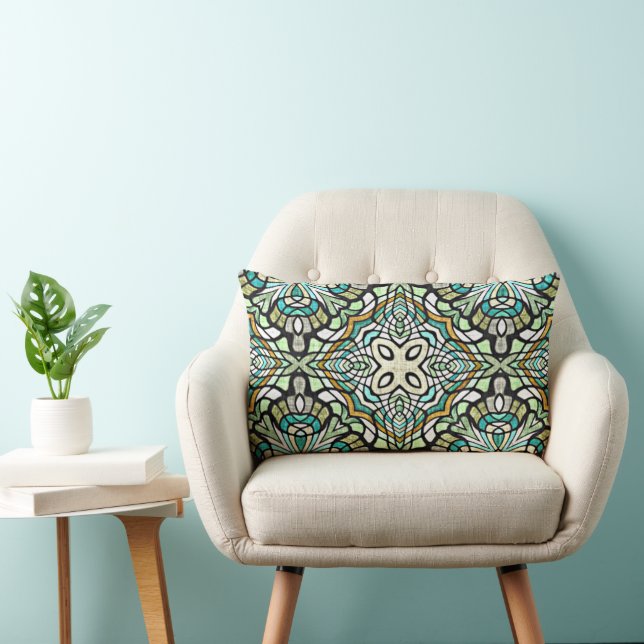 Cojín Lumbar Mint Green Turquoise Hip Bohemian Motif de Arte de (Silla)