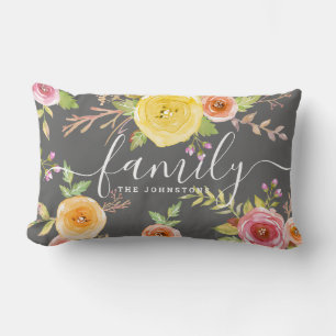 Cojín Lumbar Moda de acuarela floral amarilla gris monogramo fa