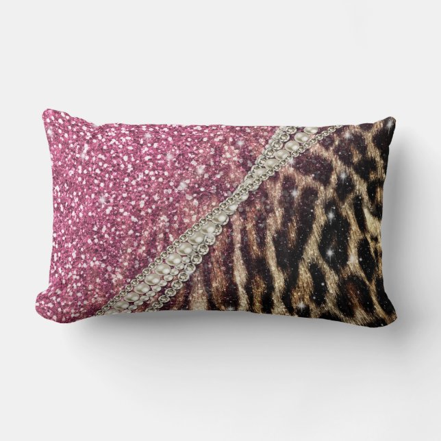 Cojín Lumbar Moda Purpurina rosa de impresión de Leopardo Girly (Anverso)