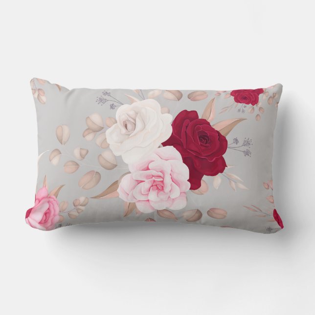 Cojín Lumbar moda roja, rosa floral (Anverso)