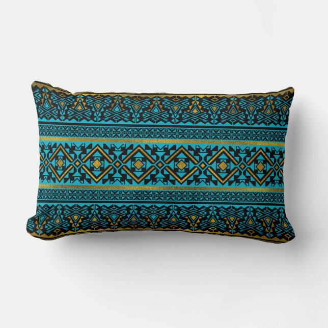 Cojín Lumbar Modelo mexicano del estilo - negro, trullo y oro (Anverso)
