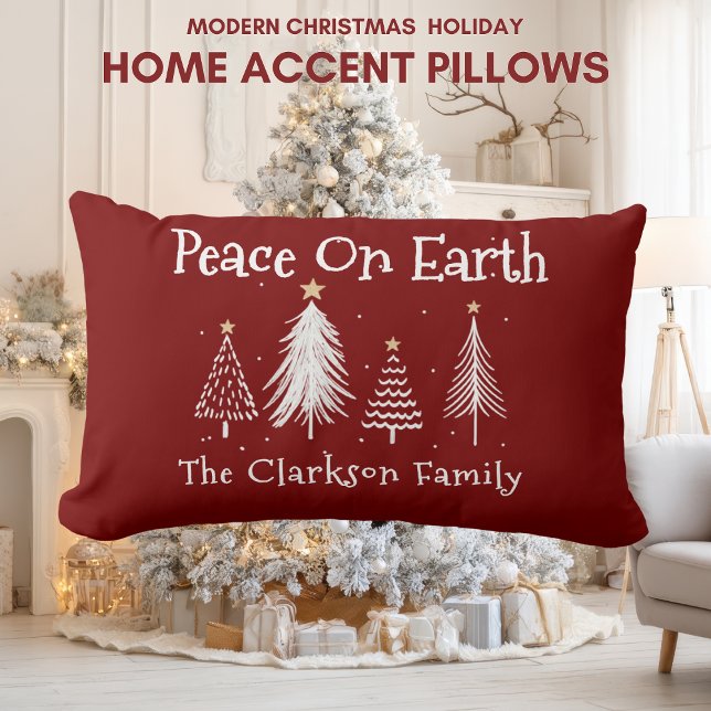 Cojín Lumbar Modern Christmas - Family Name - Peace On Earth  (Modern Christmas Holiday - Family Name - Peace On Earth Lumbar Pillow)