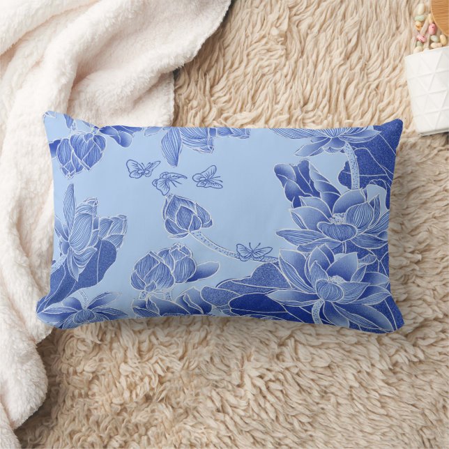 Cojín Lumbar Moderna Chinoiserie retro Blue Lotus Mandala (Manta)